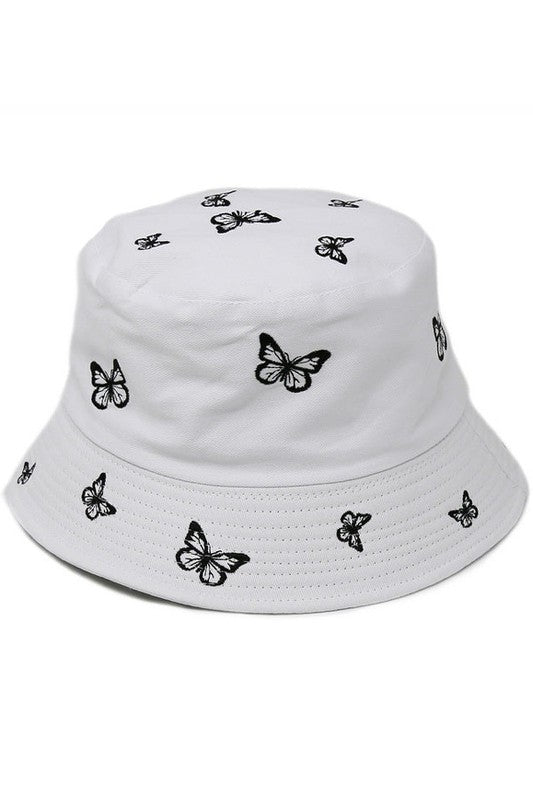 Embroidered Butterfly Reversible Bucket Hat In Black And White