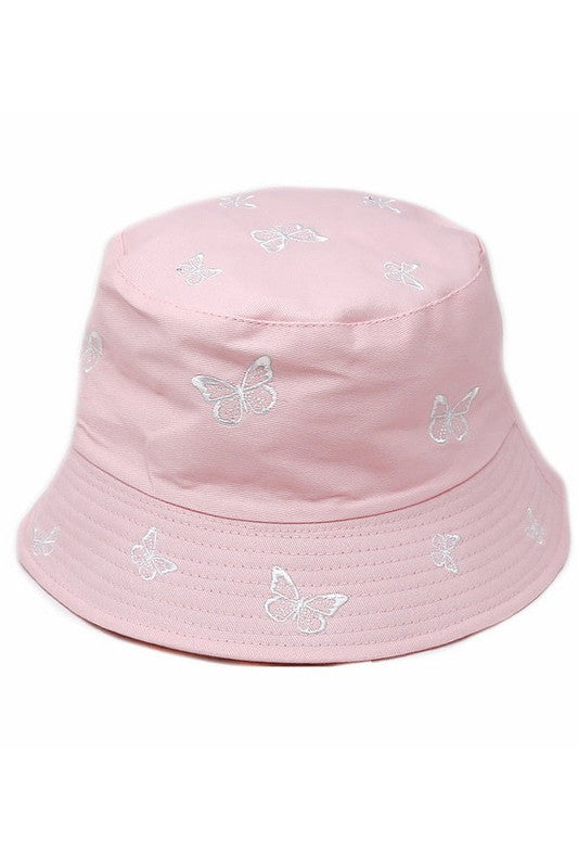 Embroidered Butterfly Reversible Bucket Hat In Pink