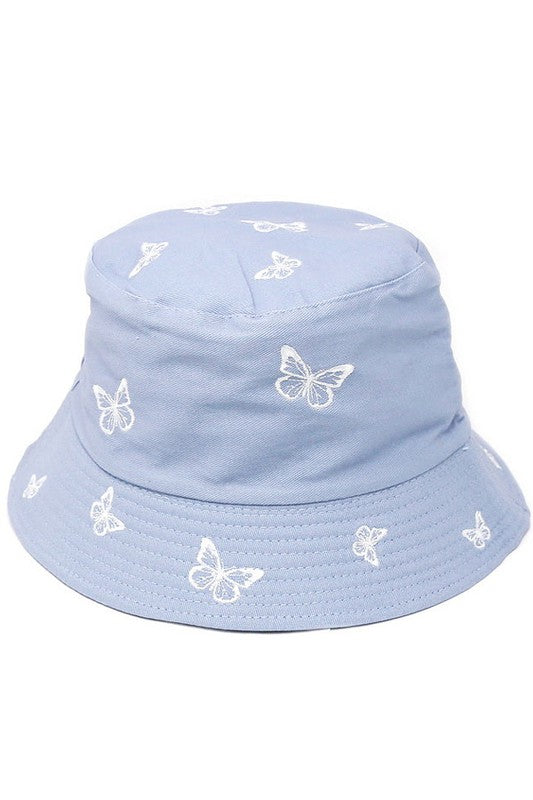 Embroidered Butterfly Reversible Bucket Hat In Blue