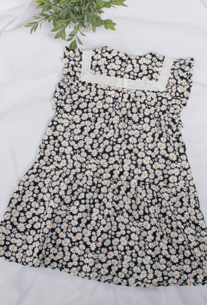 12 PM - Flower Print Ladder Lace Trim Mini Dress