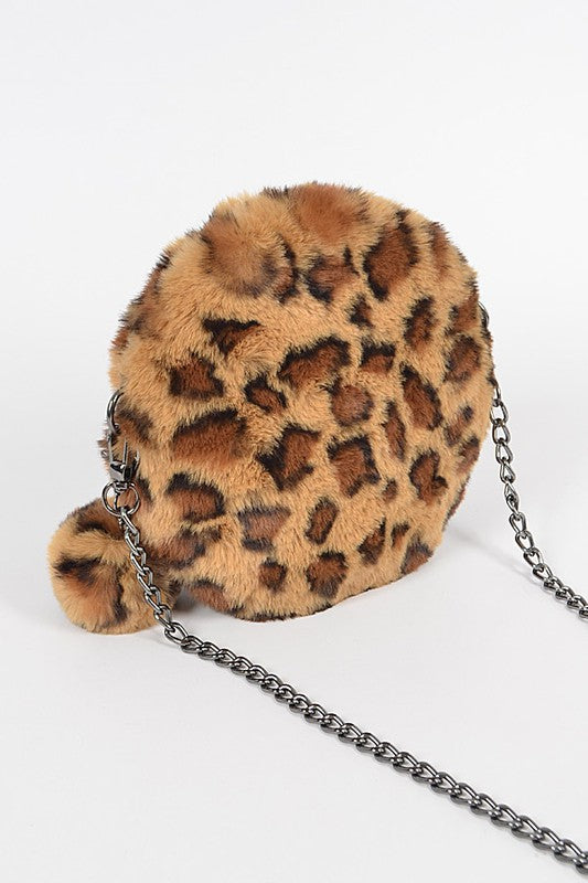 Leopard Faux Fur Round Clutch with Chain Strap