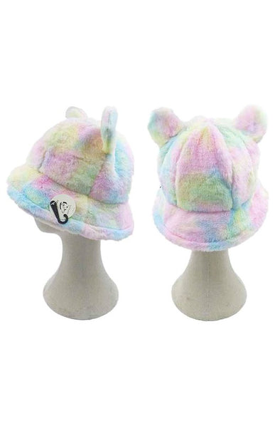 Faux Fur Bear Ear Bucket Hat in Tie Dye