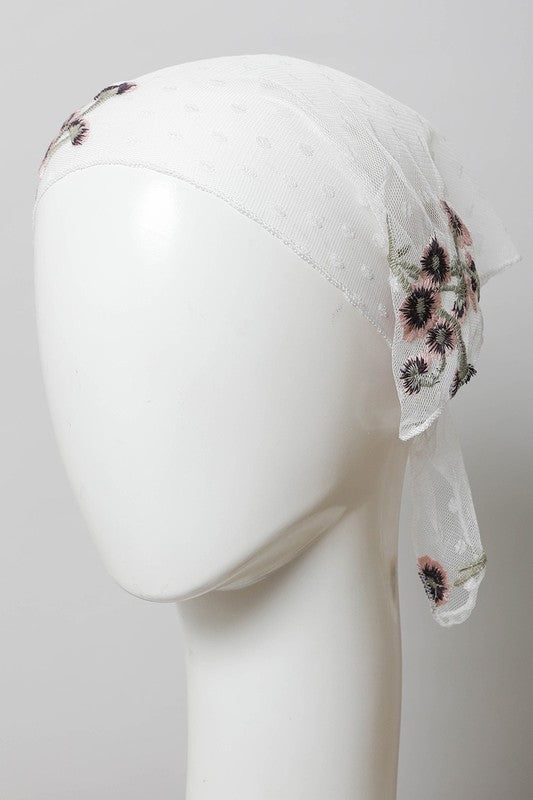 Tulle Lace Embroidered Poppy Headscarf in White