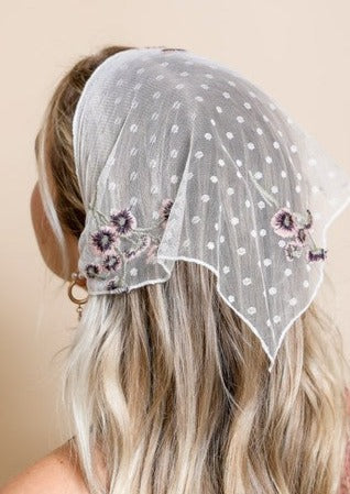 Tulle Lace Embroidered Poppy Headscarf in White