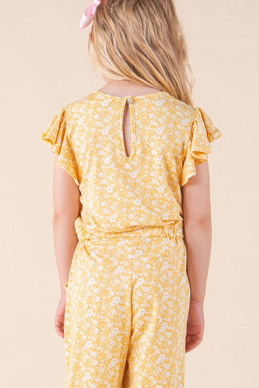 12PM By Mon Ami - Floral Ruffle Sleeves Jumpsuit in Yellow
