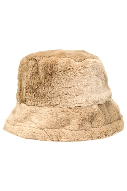 Soft Fuzzy Faux Fur Bucket Hat in Khaki