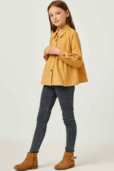 Hayden Los Angeles - Girls Corduroy Button Up Peplum Shirt in Mustard