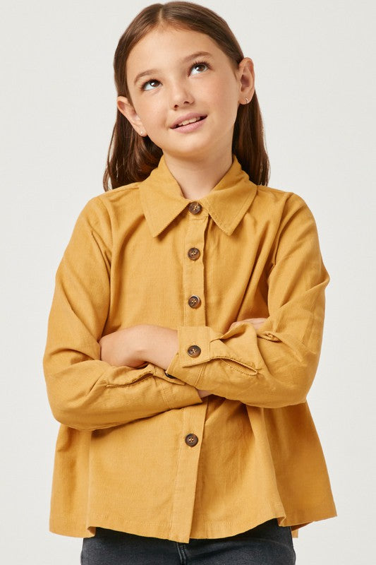 Hayden Los Angeles - Girls Corduroy Button Up Peplum Shirt in Mustard