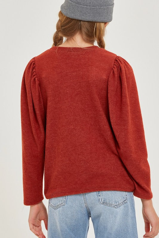 Good Girl - Balloon Sleeve Brushed Sweater with Twisted Knot in Rust