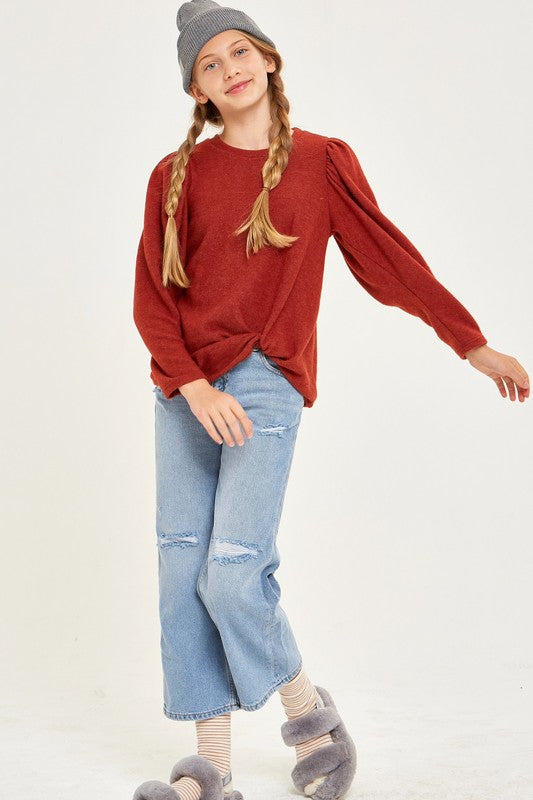 Good Girl - Balloon Sleeve Brushed Sweater with Twisted Knot in Rust