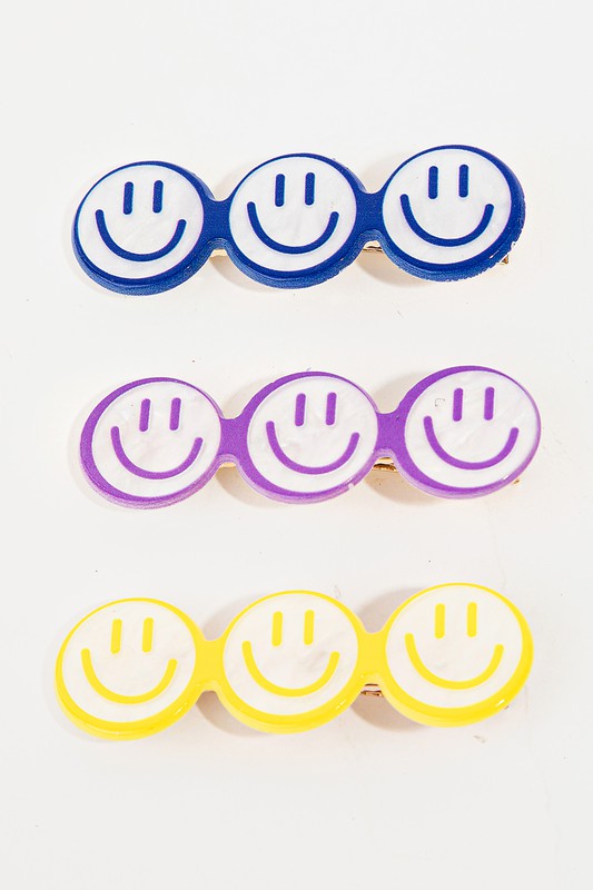 Happy Face Hair Clip Set in Blue, Purple & Yellow