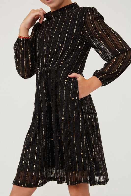 Hayden Los Angeles - Foiled Star Striped Long Sleeve Dress in Black