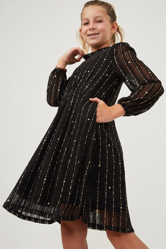 Hayden Los Angeles - Foiled Star Striped Long Sleeve Dress in Black