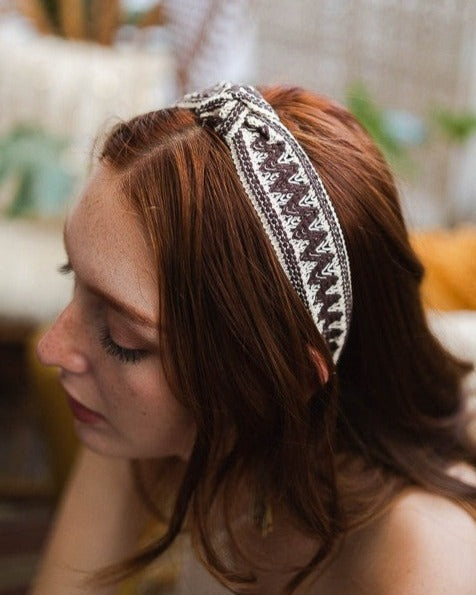 Embroidered Stitch Boho Knotted Headband in Brown