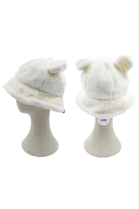 Faux Fur Bear Ear Bucket Hat in Ivory