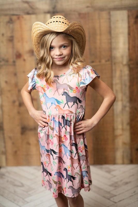Adorable Sweetness - Pink Horse Print Flutter Sleeve Dress