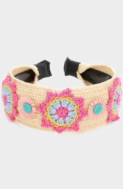 Sunflower Pointed Granny Square Crochet Headband In Pink