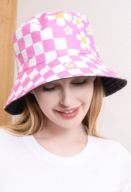 Flower Pointed Checkerboard Patterned Bucket Hat In Pink