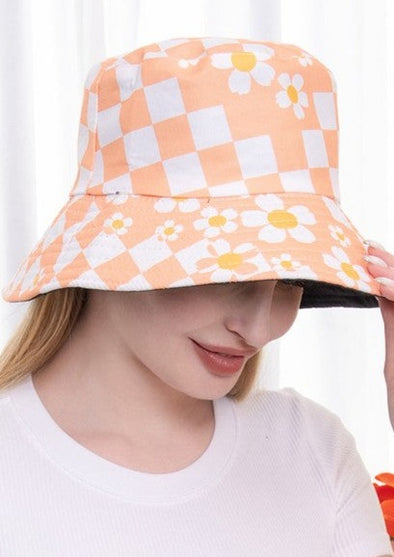 Flower Pointed Checkerboard Patterned Bucket Hat In Orange