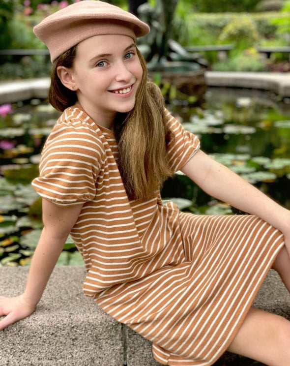 Hayden Los Angeles - Girls Puff Sleeve Pocketed Stripe Knit Dress in Mustard