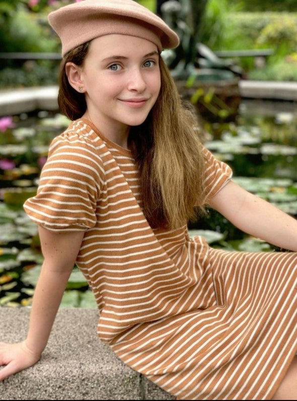 Hayden Los Angeles - Girls Puff Sleeve Pocketed Stripe Knit Dress in Mustard