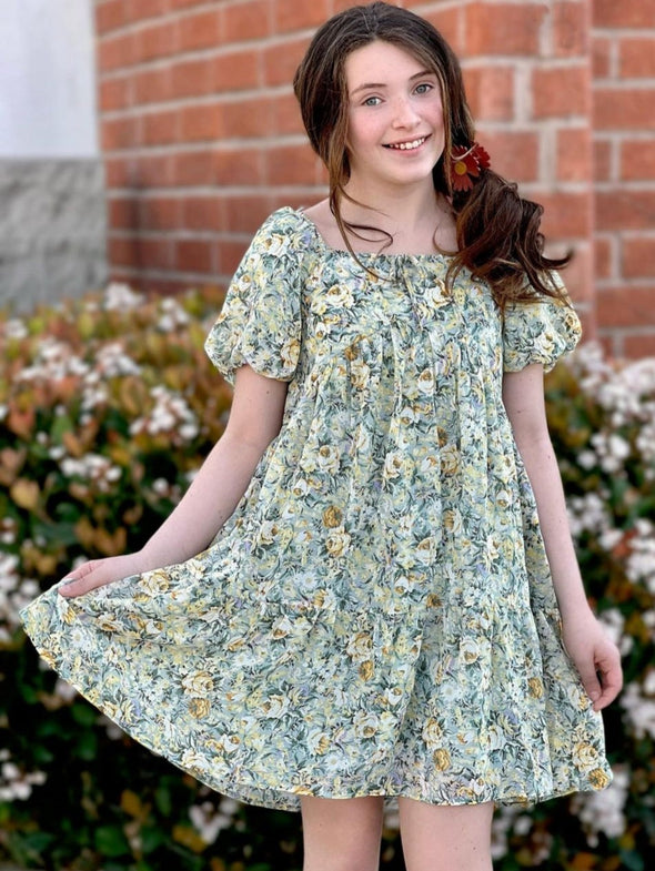 Hayden Los Angeles - Girls Floral Puff Sleeve Tie Front Tiered Dress in Mint