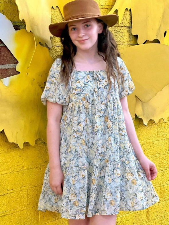 Hayden Los Angeles - Girls Floral Puff Sleeve Tie Front Tiered Dress in Mint