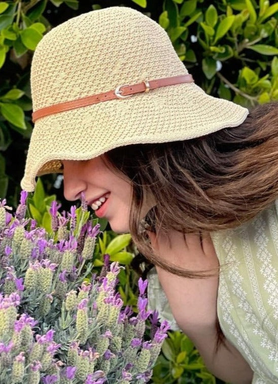 Faux Leather Band Sun Hat In Beige