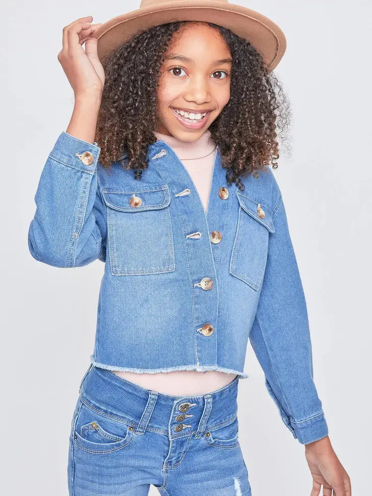 YMI Kids Patch Pocket Oversize Denim Jacket Fray Hem stylinPOP