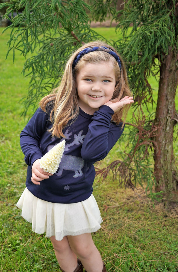 12PM By Mon Ami - Glitter Print L/S French Terry Kids Top In Navy