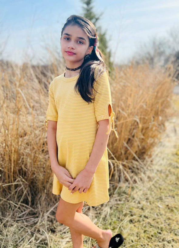 Hayden Los Angeles - Girls Tie Sleeve Striped Dress in Mustard