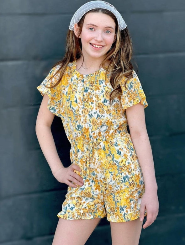 Hayden Los Angeles - Girls Floral Print Flutter Sleeve Ruffled Romper in Yellow