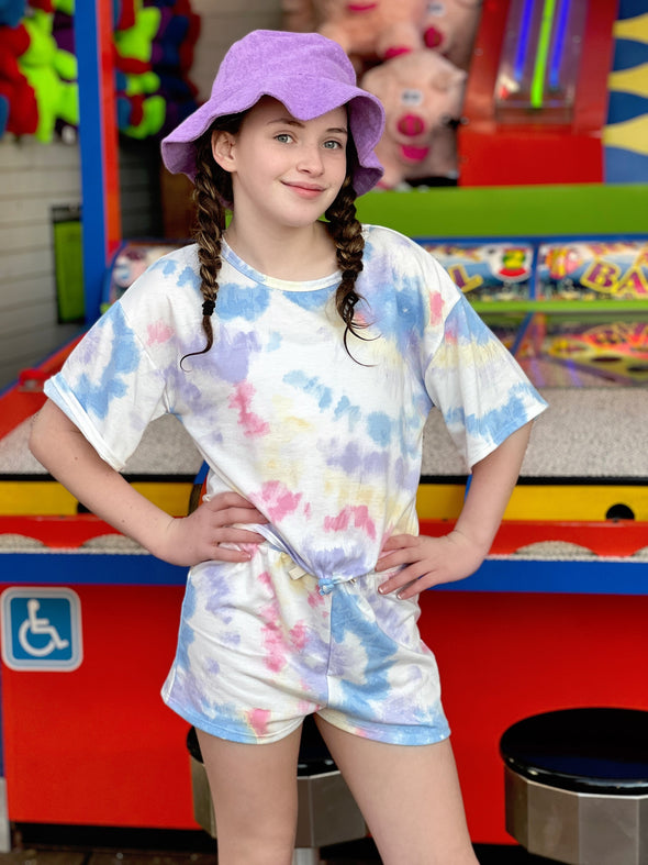 Good Girl - Kids tie dye crop top and shorts 2 piece set in Blue/Purple