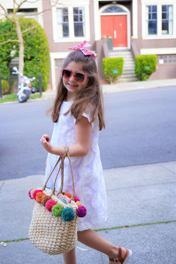 Straw Tote Bag with Colorful Puff Ball Trim