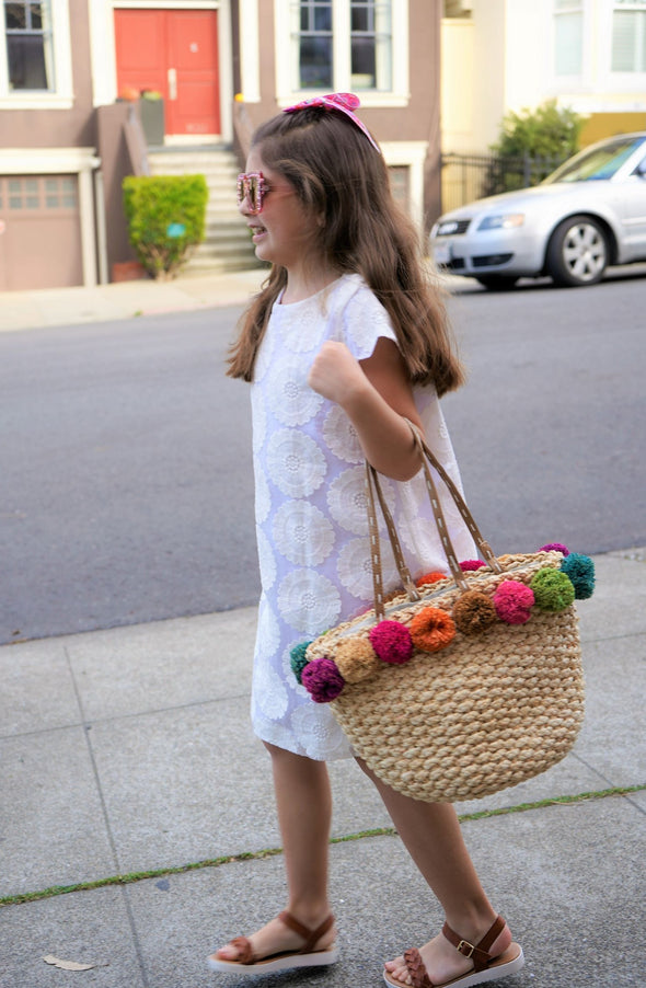 Straw Tote Bag with Colorful Puff Ball Trim