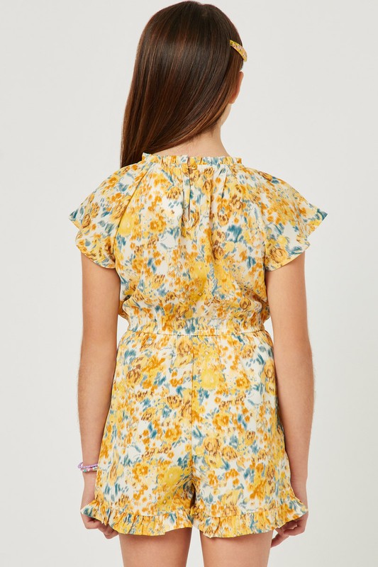 Hayden Los Angeles - Girls Floral Print Flutter Sleeve Ruffled Romper in Yellow
