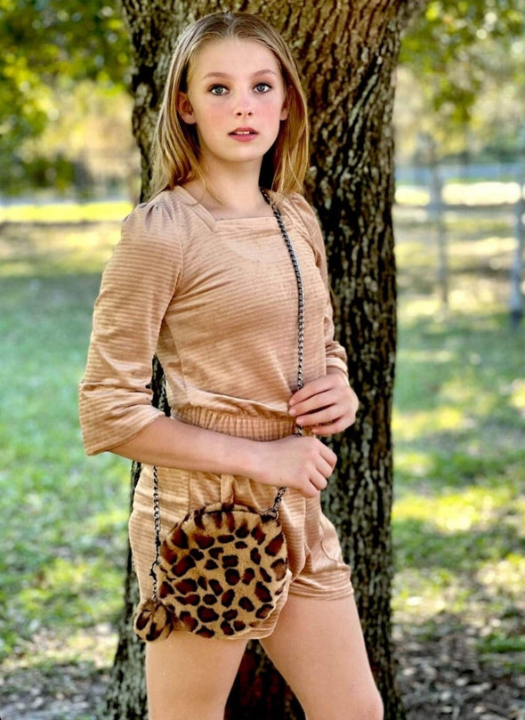 Heart and Arrow - Long Sleeve Square Neck Shorts Set in Camel