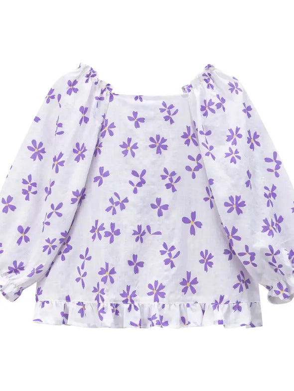 Newness Kids - Malva girl's French Sleeves Lilac Flowers blouse