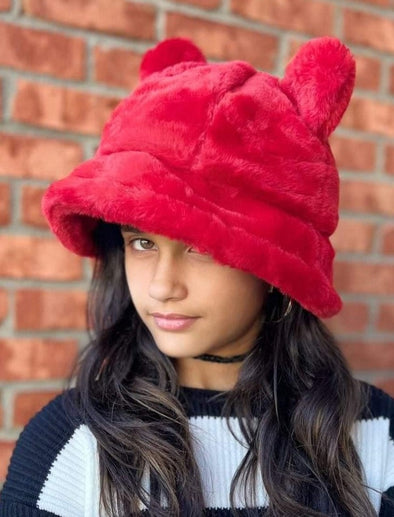 Faux Fur Bear Ear Bucket Hat in Red