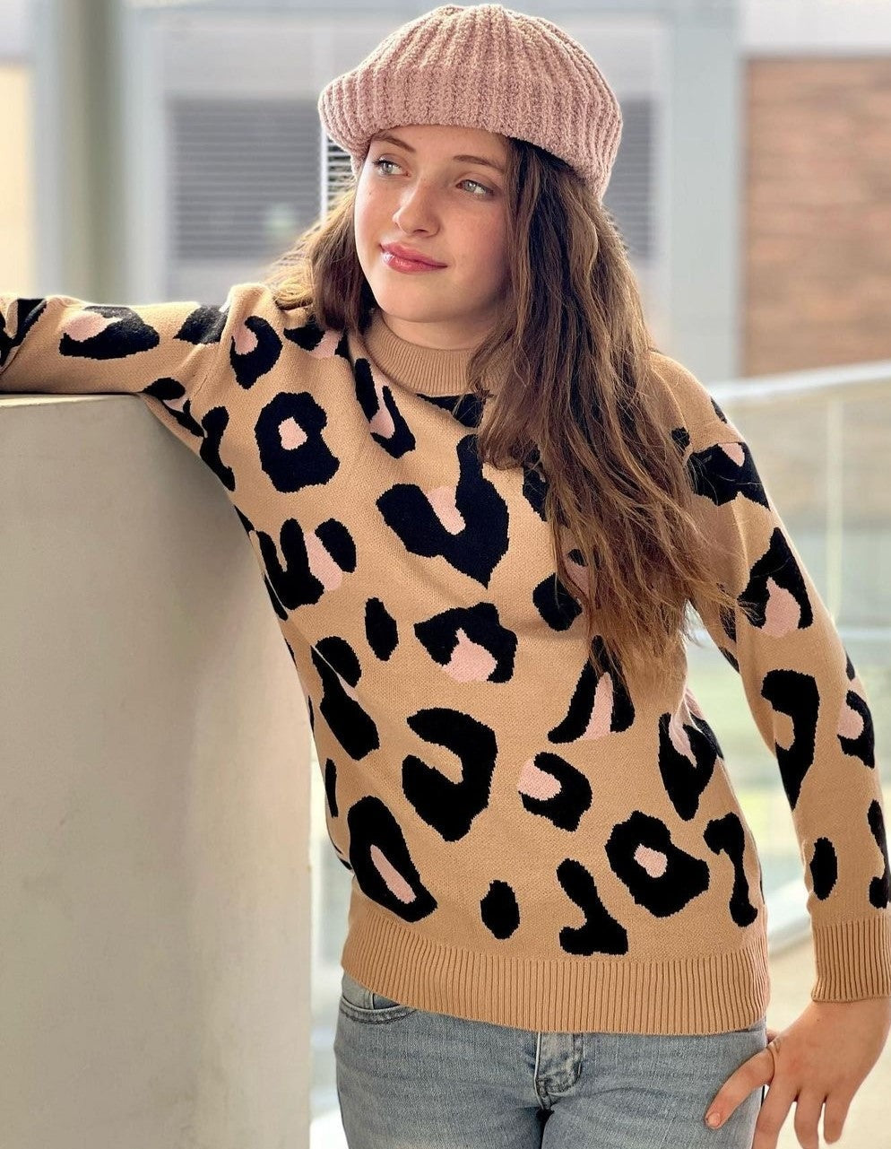 Leopard Knitted Beanie Hat - Khaki