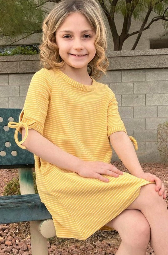 Hayden Los Angeles - Girls Tie Sleeve Striped Dress in Mustard