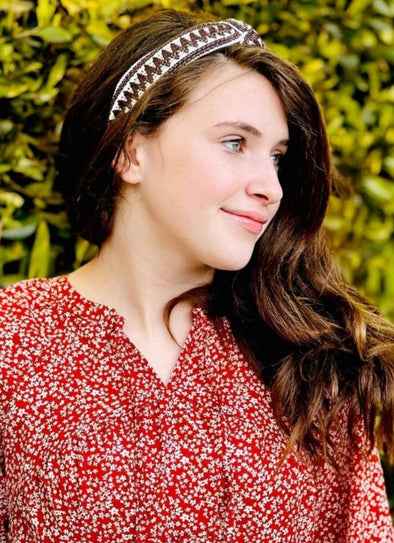 Embroidered Stitch Boho Knotted Headband in Brown
