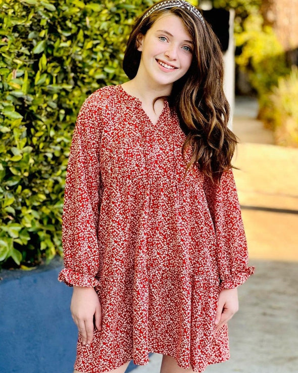 Hayden Los Angeles -  Girls Ditsy Floral Tie Neck Long Sleeve Dress In Rust