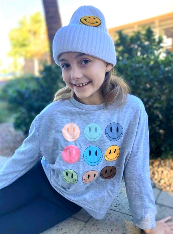 12 PM By Mon Ami - Kids Smiley Faces Graphic Sweatshirt in Heather Grey
