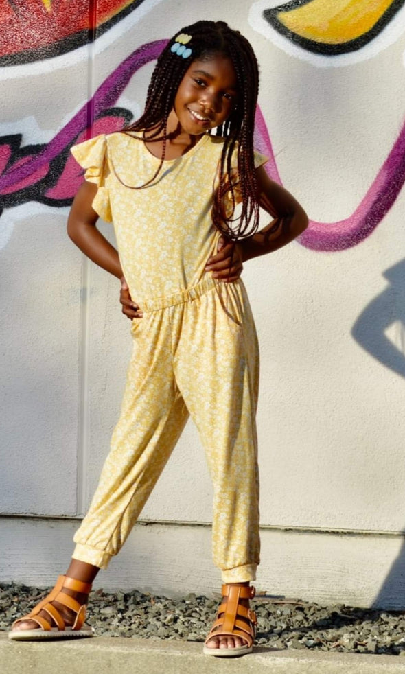12PM By Mon Ami - Floral Ruffle Sleeves Jumpsuit in Yellow